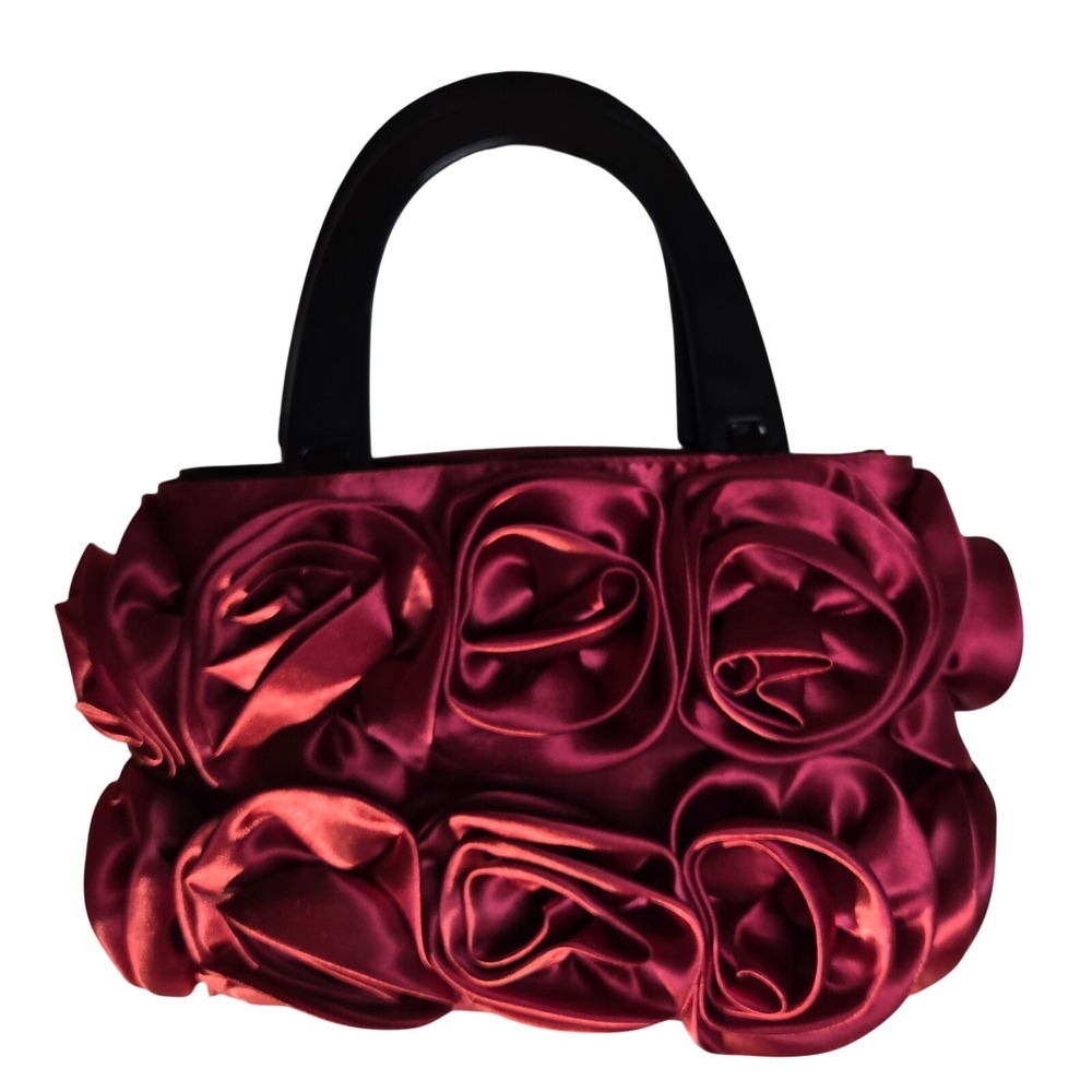 Burgundy Satin 3D Rosette Evening Bag Floral Top Handle‎ Formal Wedding Handbag